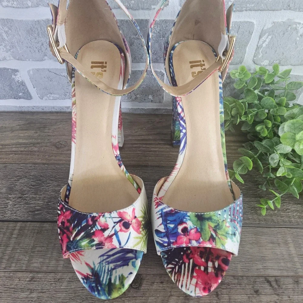 Its Tropical Floral Platform Heels Womens 9 Block Heel Ankle Strap‎ Sandals